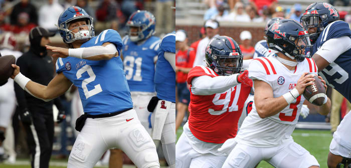 Jaxson Dart (left) and Spencer Sanders (right) are battling for the starting quarterback role at Ole Miss this season.